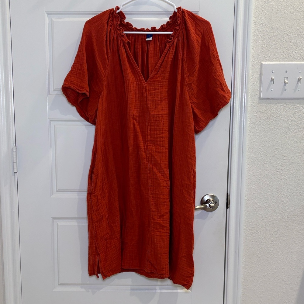 Old Navy Rust Orange Gauze Mini Dress Puff Sleeve Boho Cottagecore L